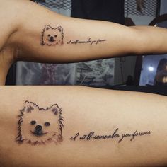 two people with tattoos on their arms, one has a dog and the other has a cat