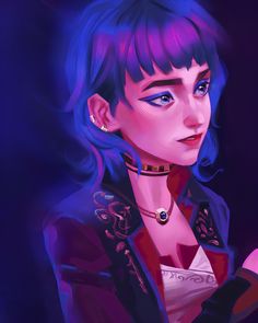 a digital painting of a woman with blue hair wearing a collared shirt and choker