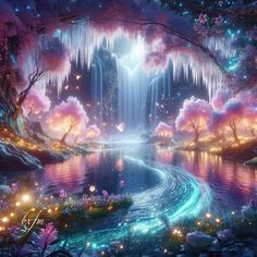 an image of a fantasy scene with waterfall and fairy lights in the sky, surrounded by trees