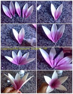 several pictures of flowers being made with paper