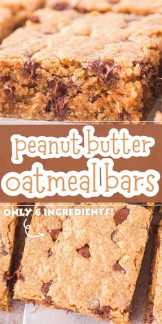 peanut butter oatmeal bars with chocolate chips on top and text overlay