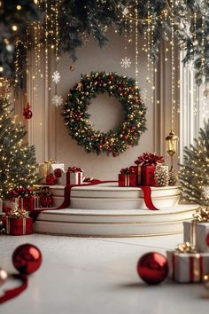 christmas decorations and presents are on the floor in front of a wall with a wreath