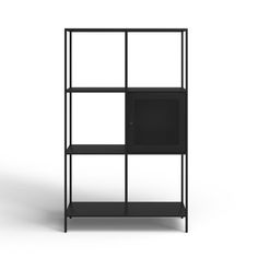 a black shelf with two shelves on each side and an open door at the top