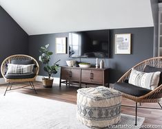 a living room filled with furniture and a flat screen tv mounted to the side of a wall