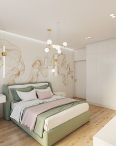 a bedroom with a large bed and white walls