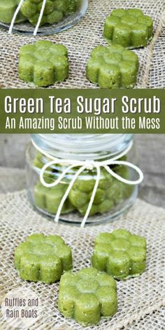 Learn how to make matcha green tea sugar scrub cubes. They brighten the skin and have a mild, clean scent. #diybath #sugarscrub #sugarscrubrecipes #rufflesandrainboots Radiate Positivity