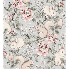 a floral wallpaper with squirrels and flowers on the side, in pastel blue