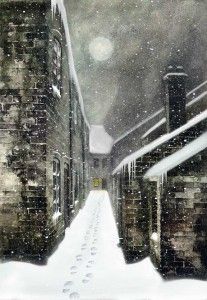 a snowy alley with footprints in the snow