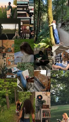 collage of people reading books in the woods