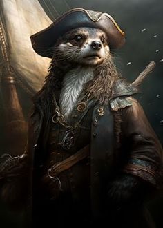 a painting of a raccoon dressed as a pirate in front of a ship