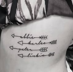 the back of a woman's stomach with arrows and words written on her side