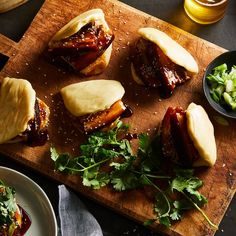 some food is laying out on a cutting board