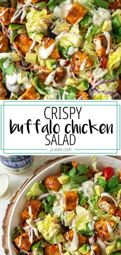 crispy buffalo chicken salad with lettuce and tomatoes