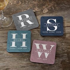 * Custom printed with any initial, name and special message * Background contains a marble-inspired texture * Sold individually  * Top quality, wood composite coaster features a high-gloss laminate front and cork backing * Each coaster measures 3 3/4 square * Made in USA Friends or family will love their last name printed for all to see on the Lavish Last Name Personalized Coasters. Perfect for housewarmings, and much more! Last Name Coasters, Coaster Cricut, Coaster Design Ideas, Height Board, Usa Friends, Customized Coasters, Name Coasters, Table Signage, Personalised Coasters