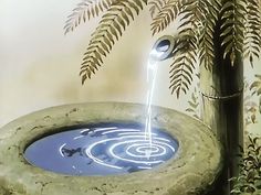 a painting of a fountain with water pouring out of it and plants in the background