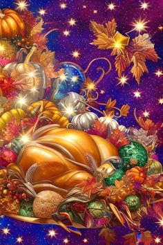 a painting of a pumpkin surrounded by fall leaves and other autumn decorations on a purple background