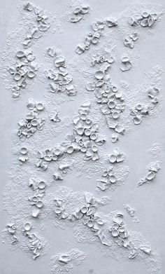 an abstract painting with white paint and small flowers on the surface, in shades of gray