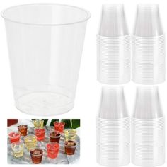 plastic cups with lids are lined up and ready to be used for drinks or desserts