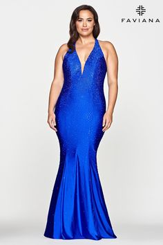 Faviana 9519 Long stretch charmeuse halter with heat set stones and fit and flare. Long Fitted Dresses, Prom Dresses Long Mermaid, Fit And Flare Skirt, Plus Size Prom Dresses, Mermaid Gown, Glam Dresses, Prom Dresses Blue, Dress Purchase, Long Gown