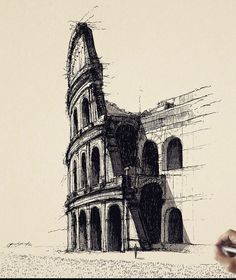 a drawing of an old building with a clock on it's side and a hand holding a pen in front of it