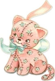 a drawing of a pink cat with flowers on it's head and tail, sitting down