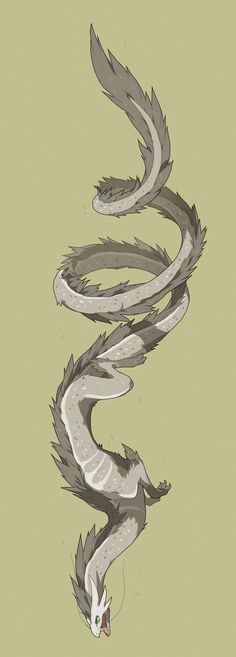 a drawing of a dragon with its mouth open and tail curled up in the air