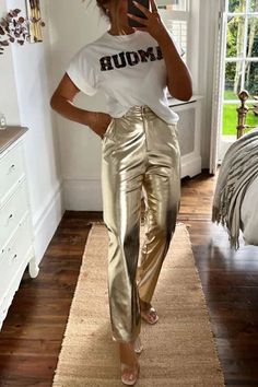 Funky Fun Design Metallic Fabric Pocket Stretch Straight Pants Night Skirt, Dress Party Night, Party Kleidung, Metallic Fabric, Fun Design, High Waisted Trousers, Wide Leg Jumpsuit, Casual Party, Straight Pants