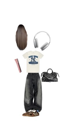 a woman's outfit with headphones, purse and shoes