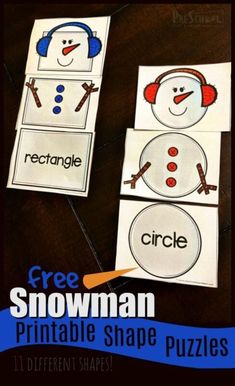 three snowman printable shape puzzles on a table with the words free from them