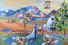 a painting of a bride and groom standing in front of a lake with mountains behind them