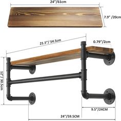 an image of a wooden shelf with metal pipes and brackets on the bottom, along with measurements