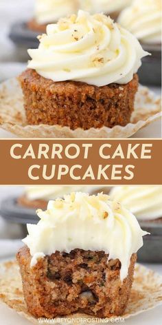 carrot cake cupcakes with cream cheese frosting on top are shown in three different views