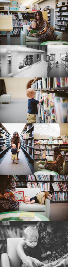 the collage shows several different images of people in bookshelves and onlookers