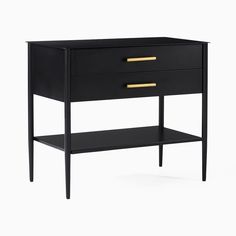 a black and gold nightstand with two drawers on each side, against a white background