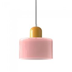 a pink and yellow light hanging from a ceiling