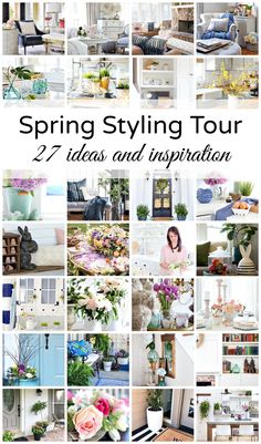 the cover of spring styling tour is shown in many different photos, including flowers and furniture