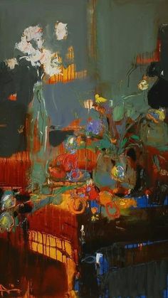 an abstract painting of flowers in a vase