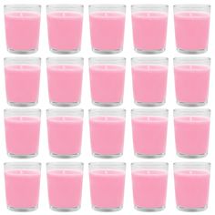 pink candles are arranged in rows on a white background