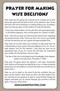 a prayer card with the words, prayer for making wise decision in black and white