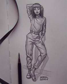 a pencil drawing of a woman with her arms behind her head, standing on the edge of a wall