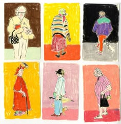 four different colored drawings of people walking down the street