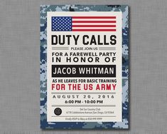 a poster with the words duty calls for a farewell party in honor of jacob whitman as he leaves for basic training for the us army