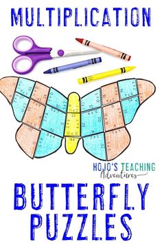 a butterfly shaped puzzle with crayons and pencils on it, next to the words multiplication