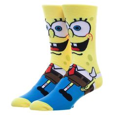 the spongebob socks are yellow and have blue legs with cartoon characters on them