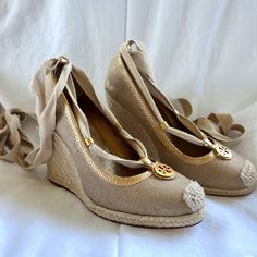 Worn Once- Like New Condition! Size: 9 Tory Burch Espadrilles Gold And Beige Wedge Heel Beige Canvas Tie Ankle Wrap Gold Emblem Comfortable And Very Stylish Heel Is Approx. 4 Inches Tory Burch Espadrilles, Beige Wedges, Stylish Heels, Ankle Wrap, Espadrille Wedge, Womens Shoes Wedges, Tory Burch Shoes, Espadrilles Wedges, Wedge Heels