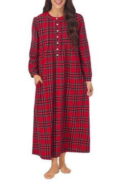 A classic plaid pattern in wintry hues covers a cozy long-sleeve flannel nightgown that also sports pockets for storing snacks or the remote. 50" length 100% cotton Machine wash, tumble dry Imported Flannel Nightgown, Long Sleeve Flannel, Red Tartan, Cozy Flannel, Salzburg, Pin Tucks, Tartan Plaid, Seasonal Fashion, Mode Fashion