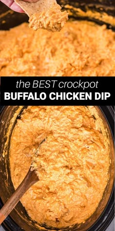 buffalo chicken dip in crockpot with a chip Buffalo Chicken Dip Crock Pot Sour Cream, Buffalo Chicken Dip Crock Pot Ranch Packet, Crockpot Recipes Buffalo Chicken Dip, Buffalo Chicken Dip Crock, Buffalo Wing Dip Crock Pot, Buffalo Chicken Dip Crock Pot No Ranch, Buffalo Chicken Dip Crockpot Easy, Crockpot Chicken Dips For Parties, Buffalo Chicken Wing Dip Crockpot