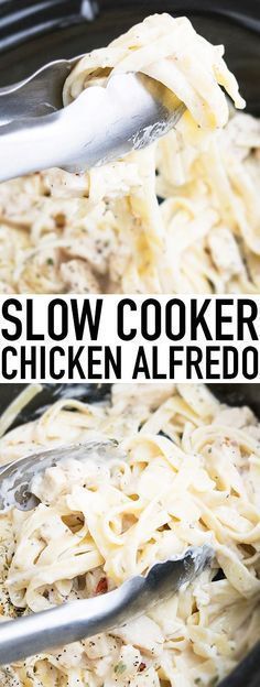 slow cooker chicken alfredo in a crock pot with two spoons on top