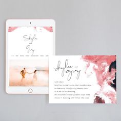 an ipad next to a pink and white save the date card