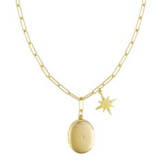 This is part of Chairish’s Costume Jewelry assortment.  Our Locket + Star Compass Necklace is a subtle yet captivating piece designed for everyday elegance. The delicate locket with a sparkling diamond pairs seamlessly with our star compass. It's the epitome of understated sophistication, offering a touch of luxury to your everyday attire!  26” Gold-Filled Long Link Chain with our Oval Locket with Diamond and Star Compass.  CHARM DETAILS: (Star Compass) -Tarnish resistant gold-plating that is long-lasting with proper care -Hefty brass with Heavy Gold Electroplating (HGE certification is a FTC high quality benchmark requiring 100 mils thickness of pure gold)  -14K gold color; plated in a pure 23K bath  -Nickel-free  -Plated with recycled gold in an environmentally-friendly facility that is Oval Locket, Compass Necklace, Pure Gold, Recycled Gold, Gold Filled Chain, Sparkle Diamonds, Compass, Costume Jewelry, Locket